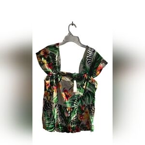Green and Red Tie Front Blouse with Cap Sleeves